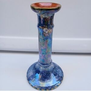 Antique Iridescent Blue Floral Ceramic Candle Holder